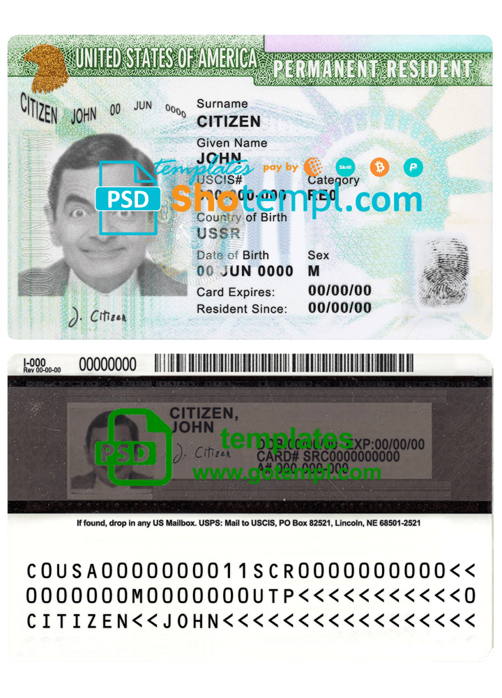 USA green card, permanent resident card template in PSD format, fully editable