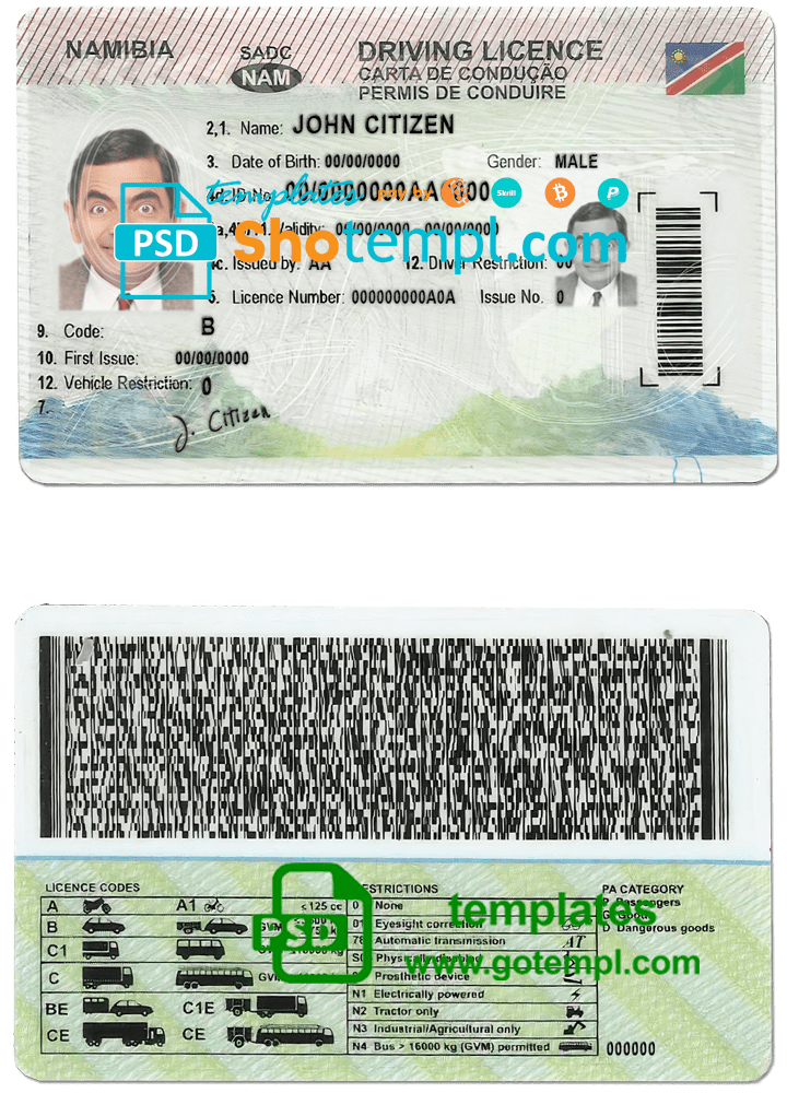 Namibia driving license template in PSD format, fully editable, with all fonts