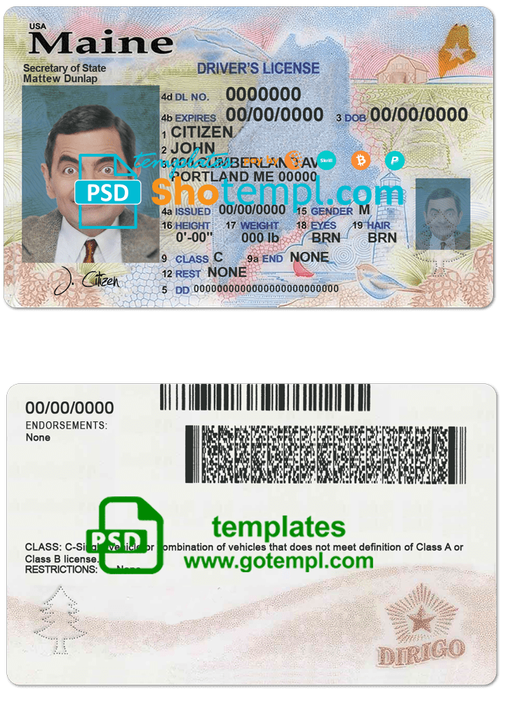 USA Maine state driving license template in PSD format, with all fonts (2019 - present)