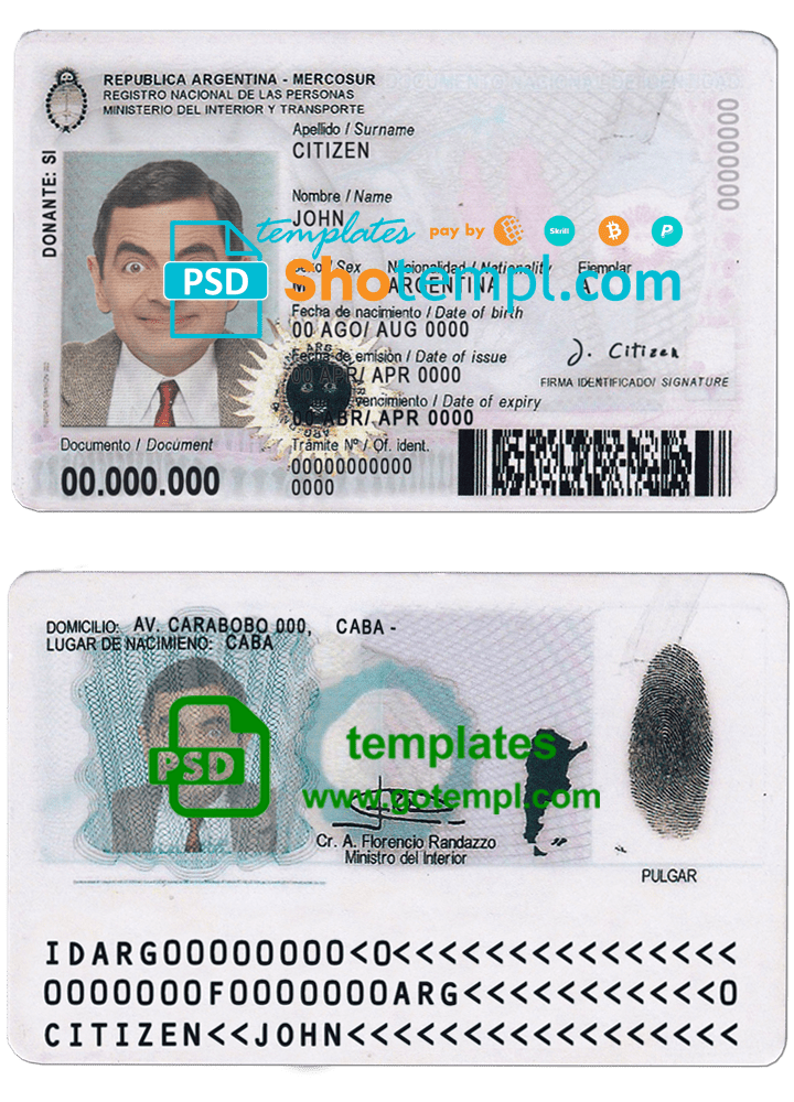 Argentina ID card template in PSD format, fully editable, with all fonts, 2020 - present