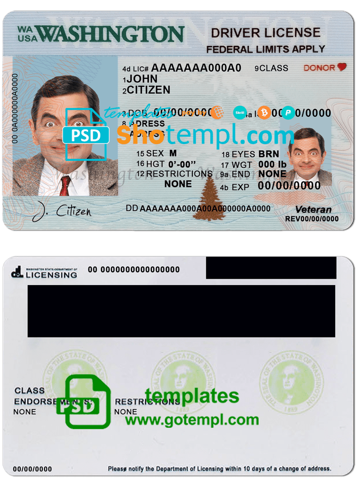 USA Washington driving license template in PSD format (2018 - present)