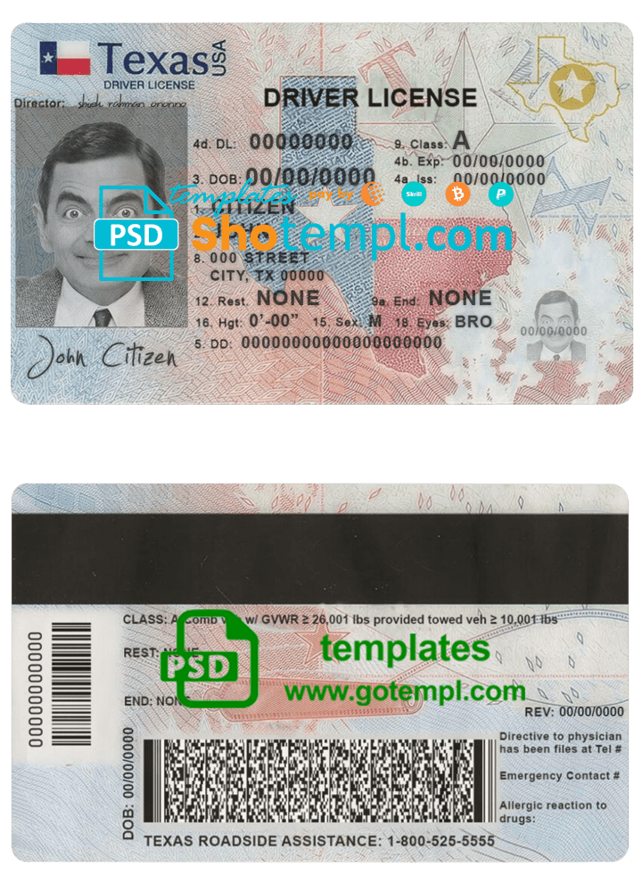 USA Texas driving license template in PSD format, fully editable (2020 - present)