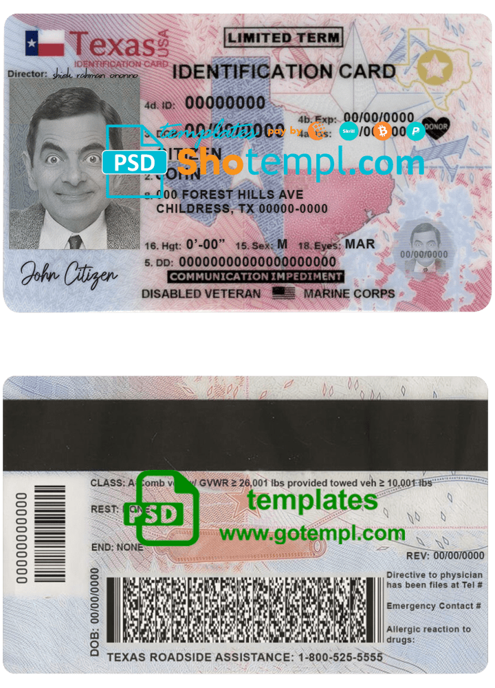 USA Texas state ID card template in PSD format, fully editable (2020 - present)