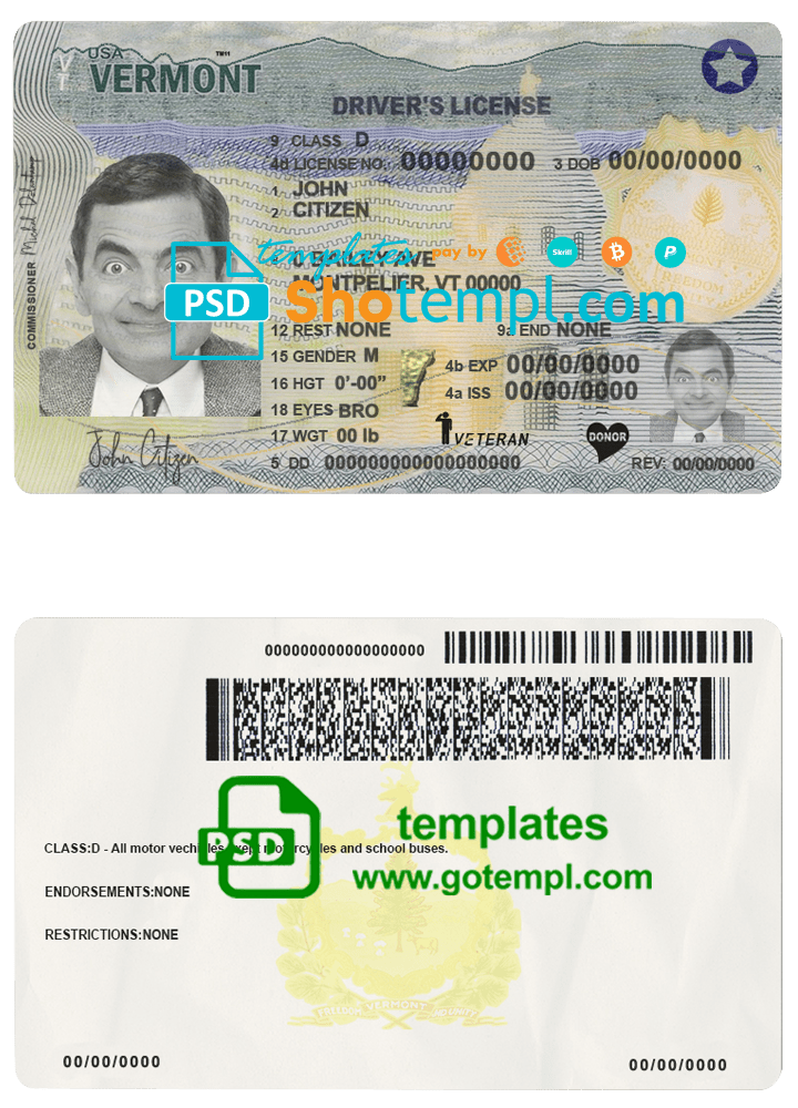 USA Vermont driving license template in PSD format (2019 - present)