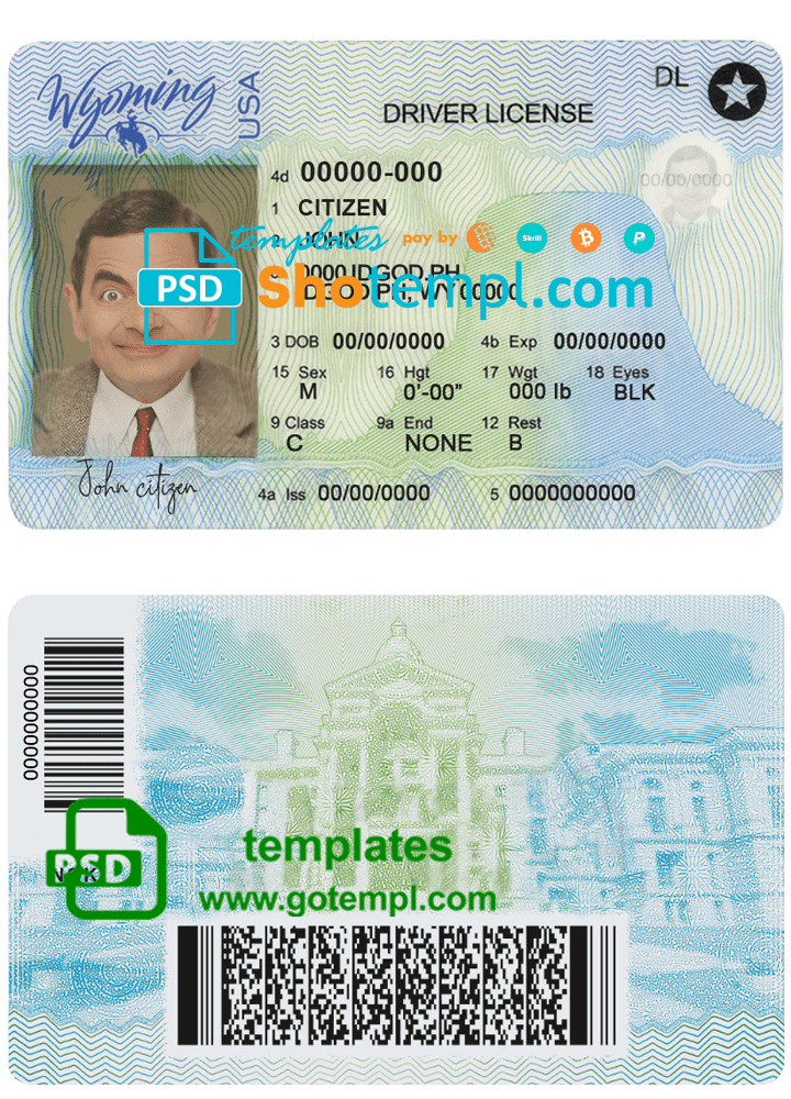USA Wyoming state driving license template in PSD format, 2020 - present