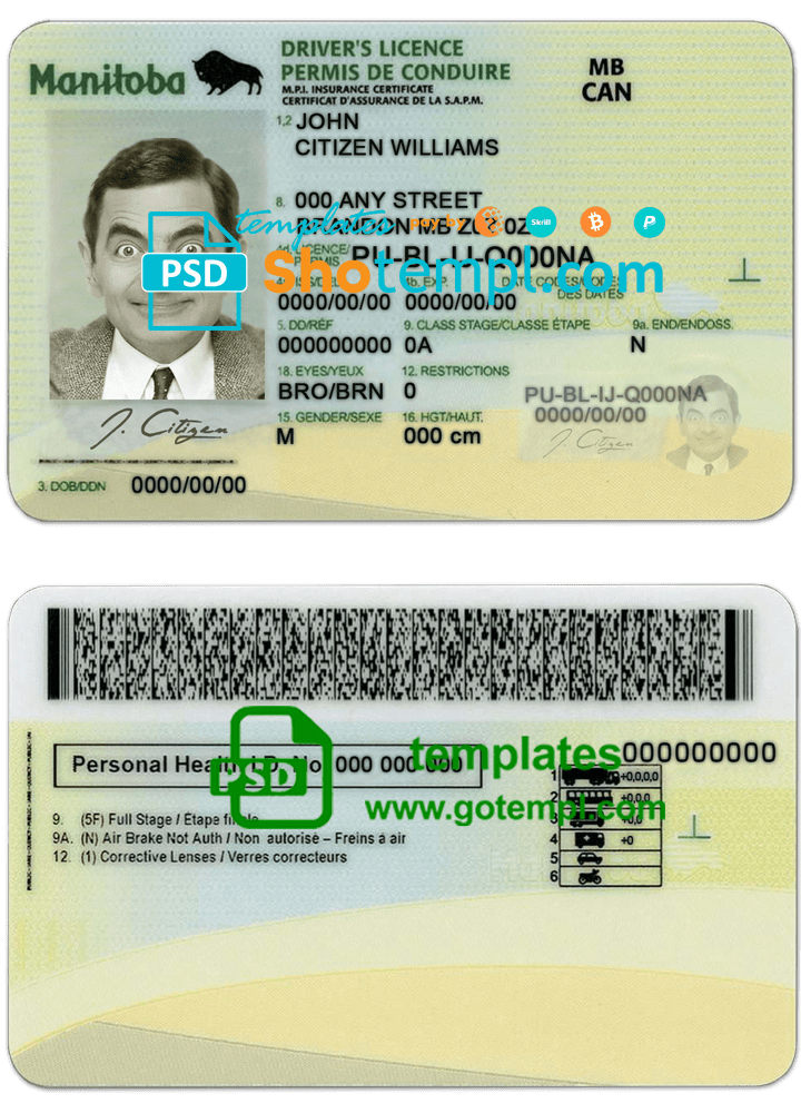 Canada Manitoba province driving license template in PSD format, fully editable