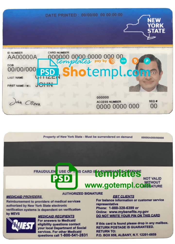 USA New York state Medicaid card template in PSD format, fully editable