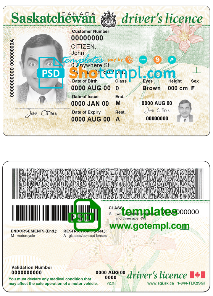Canada province Saskatchewan driving license template in PSD format , fully editable