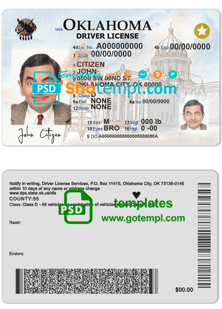 USA Oklahoma driving license template in PSD format, + editable PSD photo look (2020 - present)