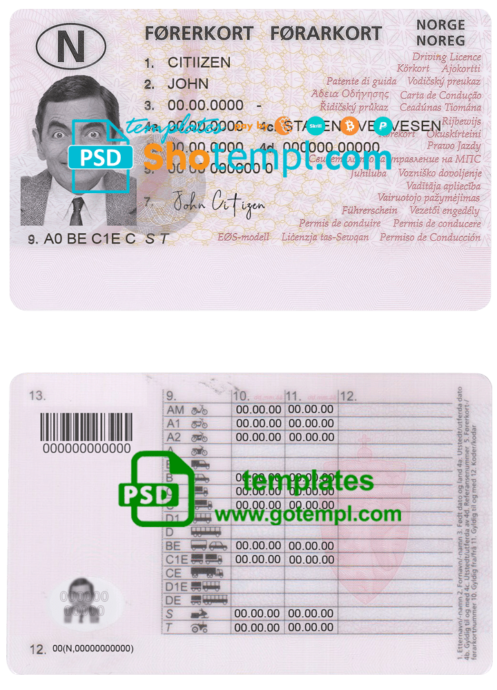 Norway driving license template, fully editable (2013 - present)