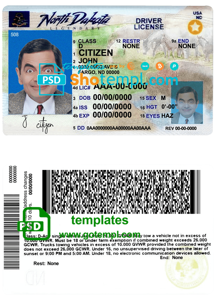 USA North Dakota driving license template in PSD format, fully editable, 2020 - present