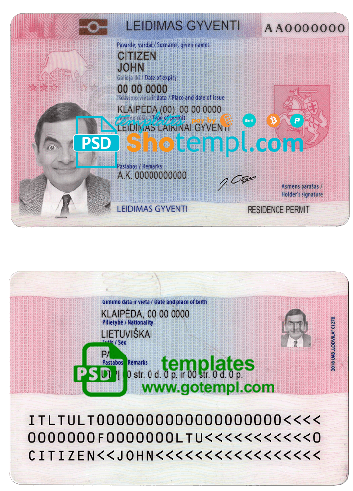 Lithuania (Litva) residence permit card template in PSD format, fully editable