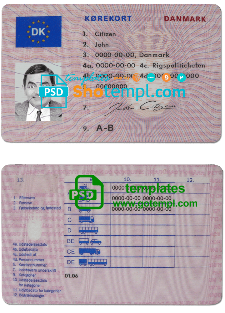 Denmark driving license template in PSD format, fully editable (1997 - 2013)
