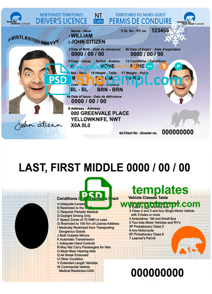 Canada Northwest Territories driver's license template in PSD format, fully editable