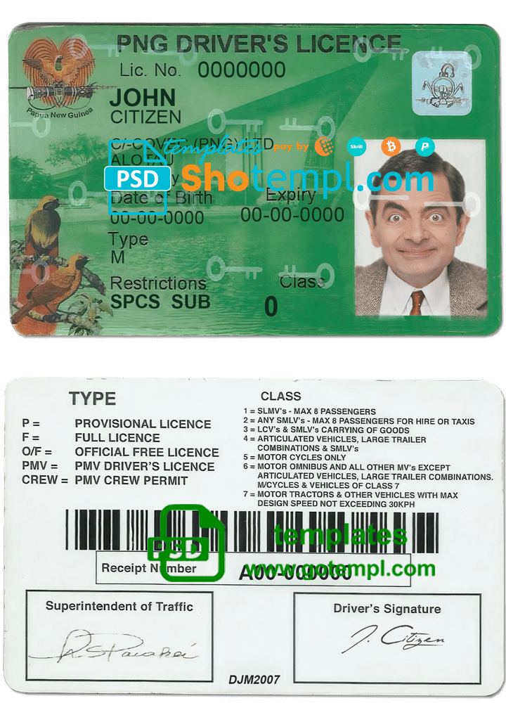 Papua New Guinea driving license template in PSD format, 2020 - present
