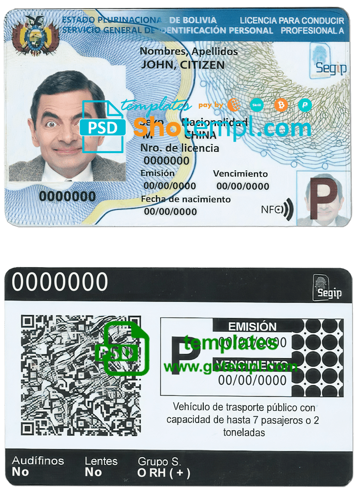 Bolivia driving license template in PSD format, fully editable (2017 - present)