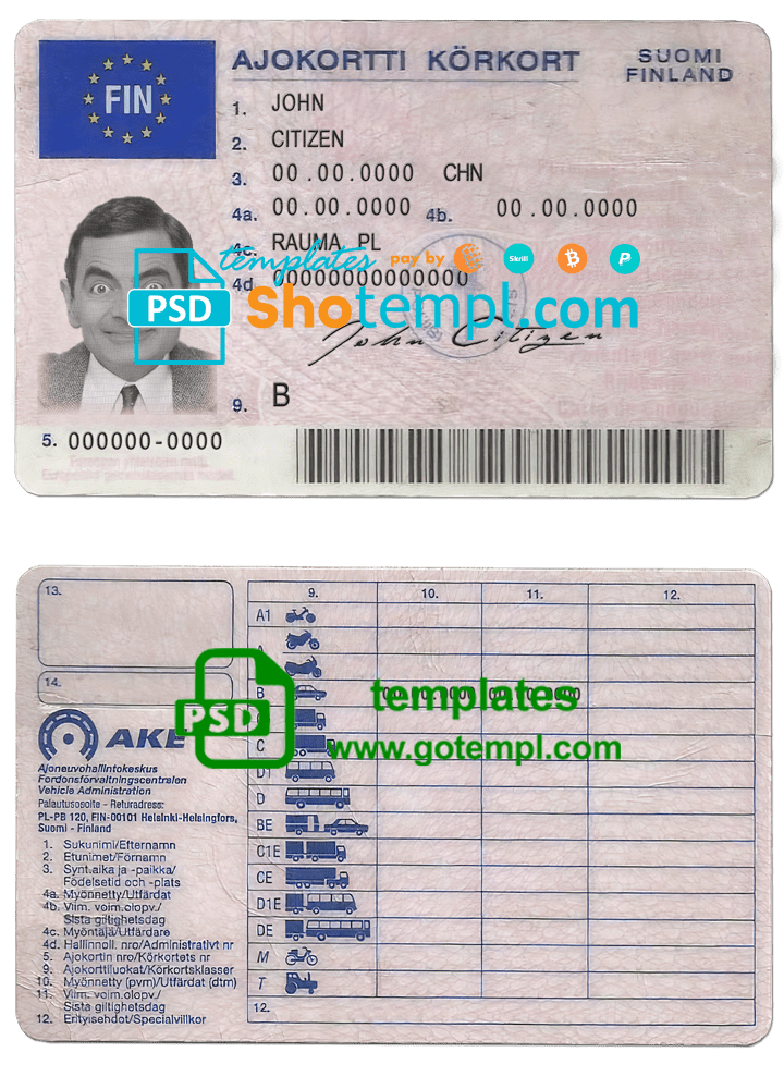 Finland driving license template in PSD format, fully editable