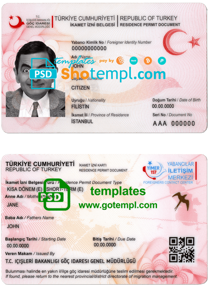 Turkey residence permit document template in PSD format, fully editable