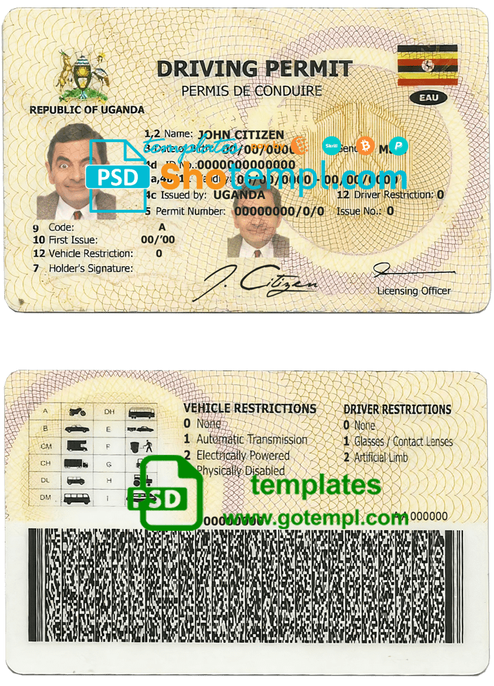 Uganda driving license template in PSD format, fully editable