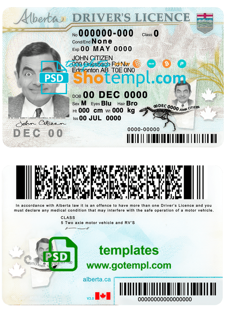 Canada Alberta driving license template in PSD format