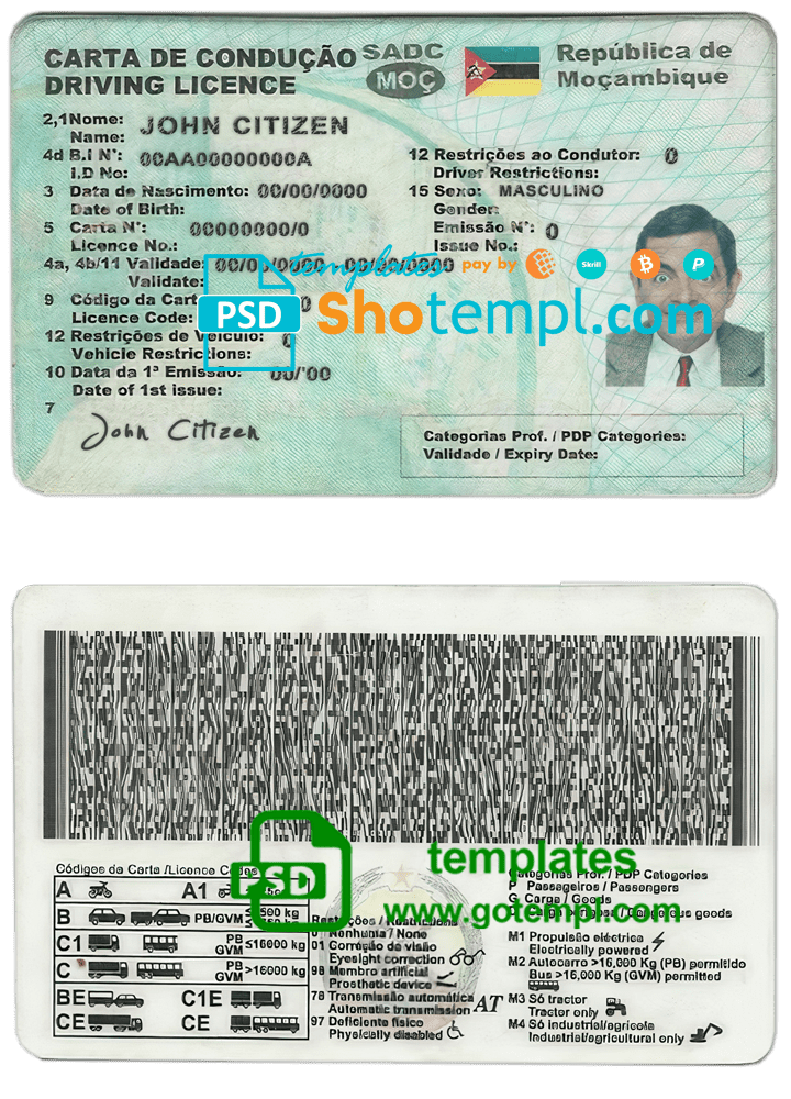 Mozambique driving license template in PSD format, fully editable