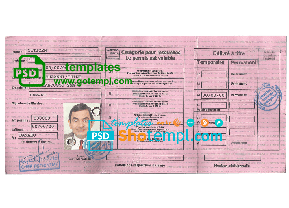 Mali driving license template in PSD format, fully editable
