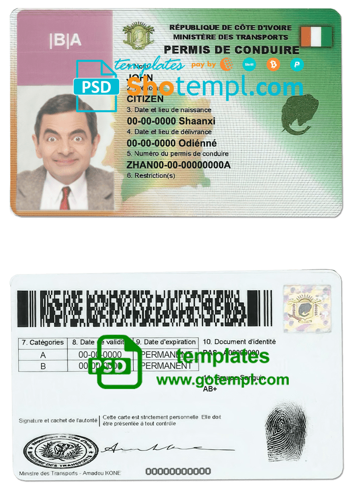 Cote D'Ivoire driving license template in PSD format, fully editable