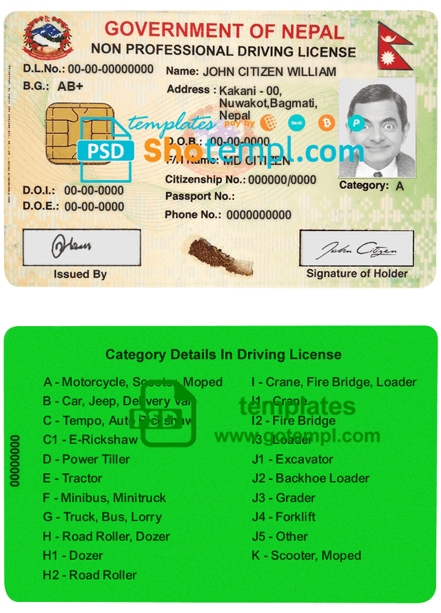 Nepal smart driver license template in PSD format, fully editable