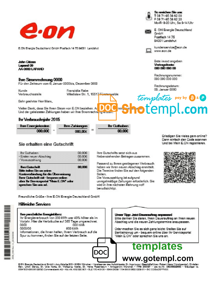 Germany E.ON Energie electricity utility bill template in Word and PDF format