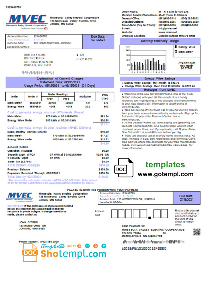 USA Minnesota Valley Electric Cooperative (MVEC) utility bill template in Word and PDF format