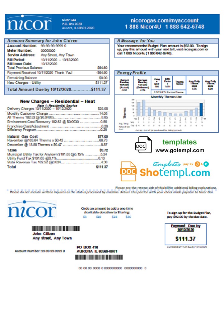 USA Illinois Nicor gas utility bill template in Word and PDF format
