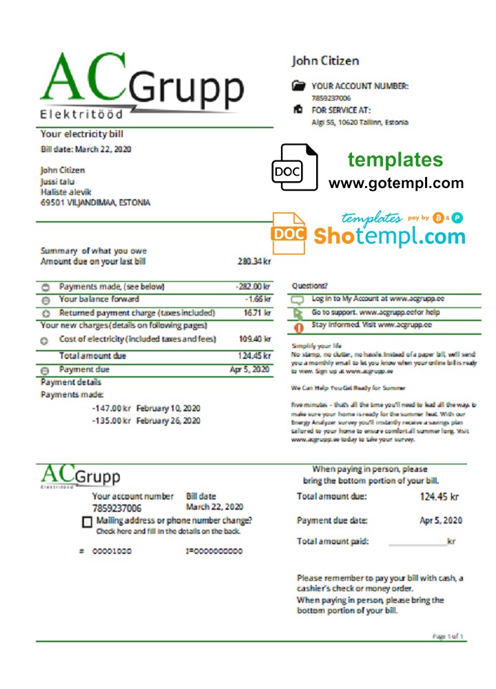 Estonia AC Grupp OÜ electricity utility bill template in Word and PDF format