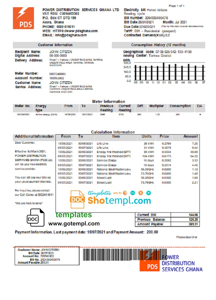 Ghana PDS electricity utility bill template in Word and PDF format