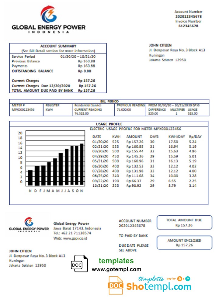 Indonesia Global Energy Power utility bill template in Word and PDF format
