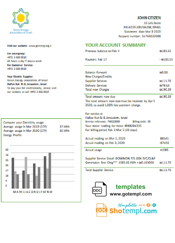Israel Green Energy Association of Israel utility bill template in Word and PDF format (doc)