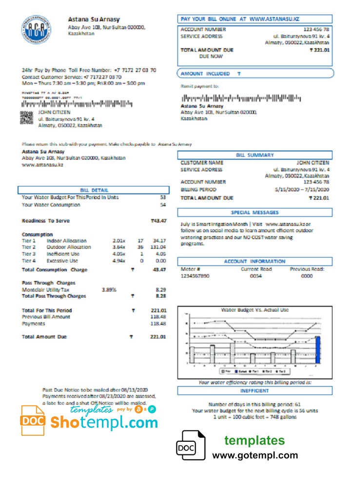 Kazakhstan Astana Su Arnasy utility bill template in Word and PDF format (.doc and .pdf)