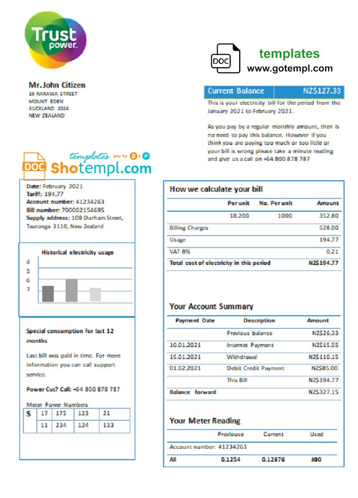 New Zealand Trustpower utility bill template in Word and PDF format