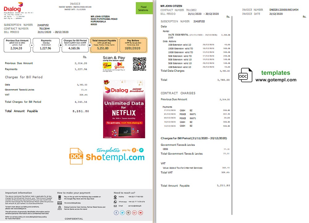 Sri Lanka Dialog utility bill template in Word and PDF format (2 pages)