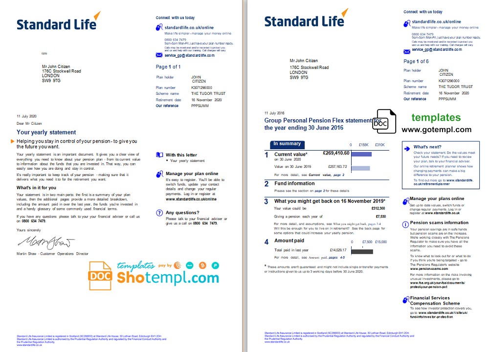United Kingdom Standard Life utility bill template in Word and PDF format, 7 pages