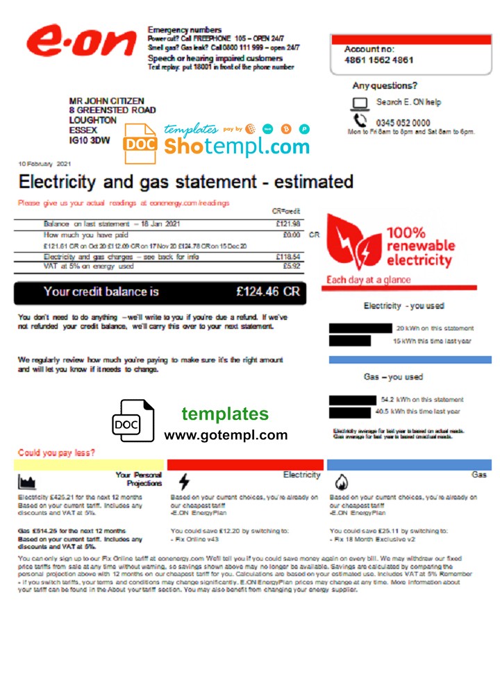 United Kingdom E.ON utility bill template in Word and PDF format, version 4