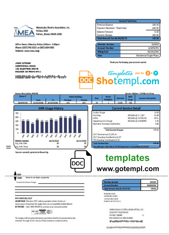 USA MEA Alaska electricity utility bill template in Word and PDF format
