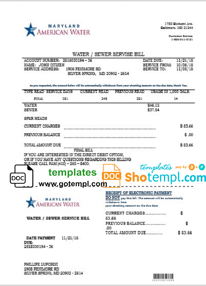 USA Maryland American water utility bill template in Word and PDF format