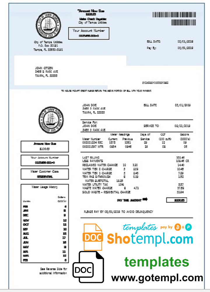 USA Florida water utility bill template in Word and PDF format