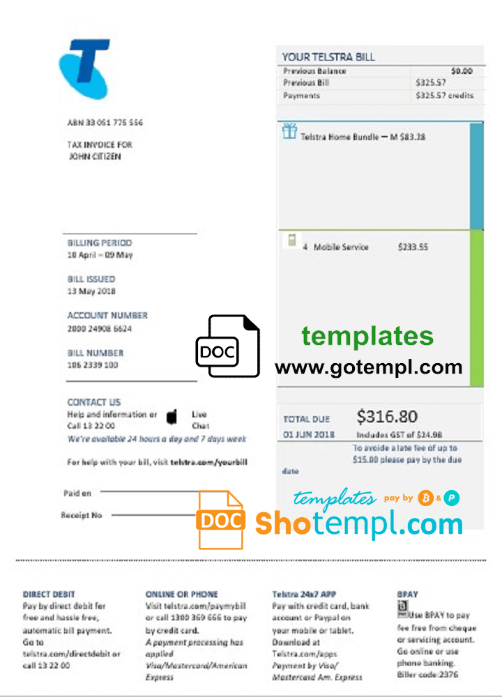 Australia Telstra telecommunications utility bill template in Word and PDF format