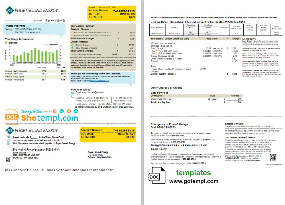 USA Washington Puget Sound Energy utility bill template in Word and PDF format (2 pages), version 2