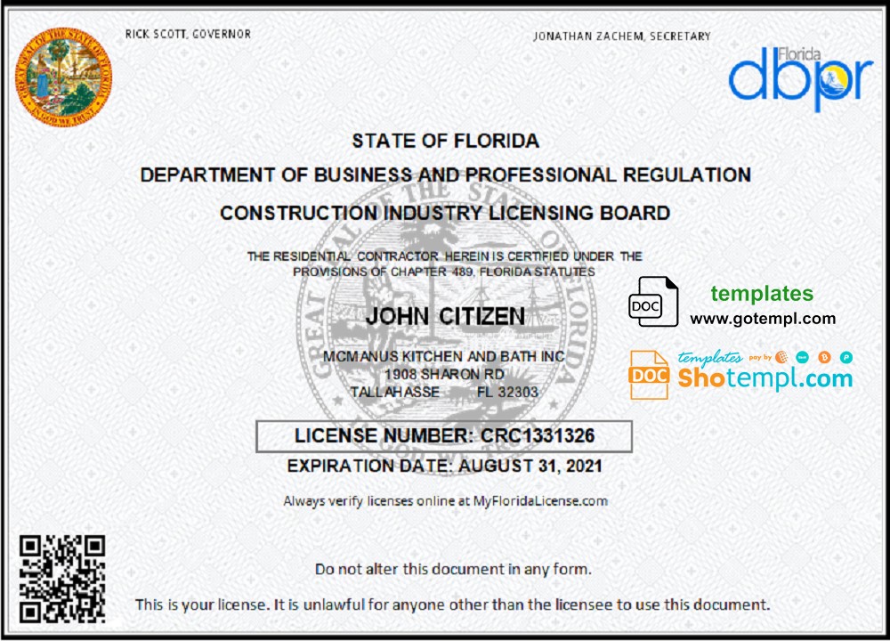 USA Florida Contractor Business license template in Word and PDF format