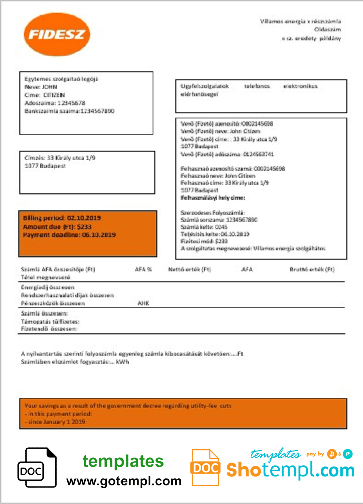 Hungary FIDESZ easy to fill utility bill template in Word and PDF format