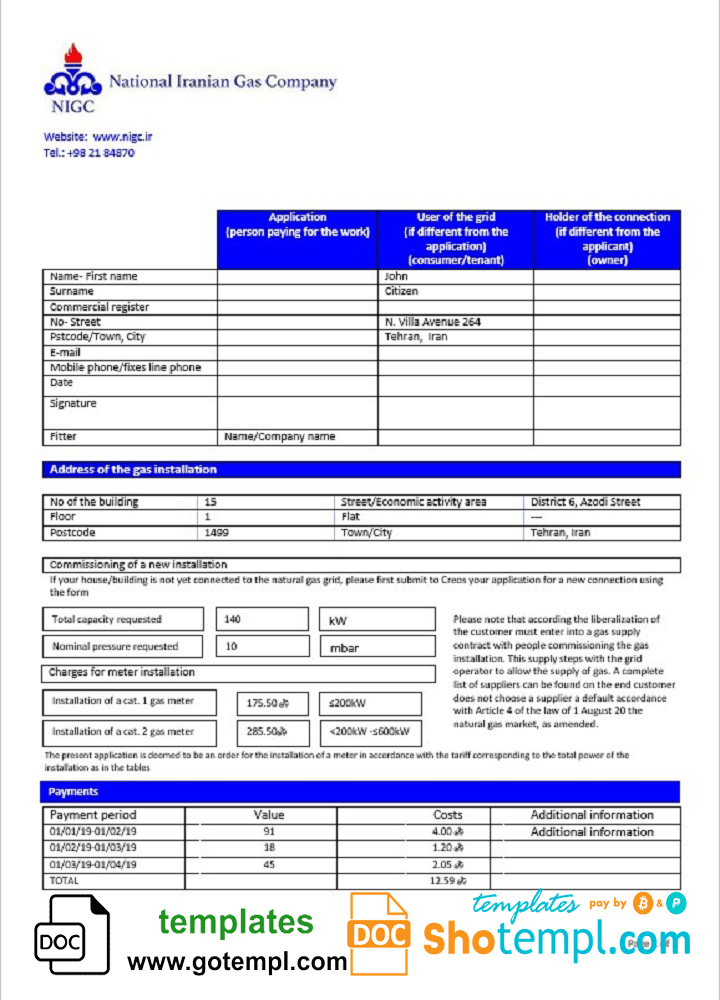 Iran National Iranian Gas Company gas utility bill template in Word and PDF format
