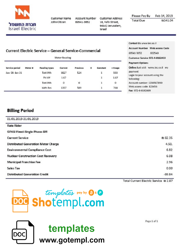 Israel Electric Corporation utility bill template in Word and PDF format (.doc and .pdf)