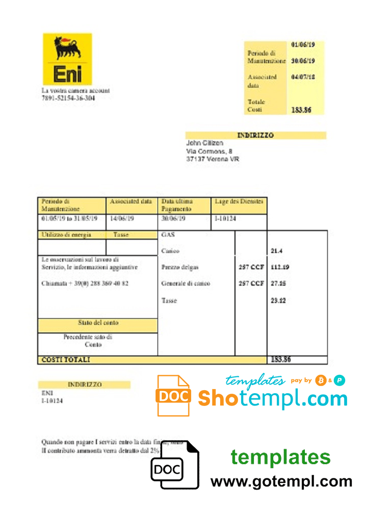 Italy Gas utility bill template in .doc and .pdf format, fully editable